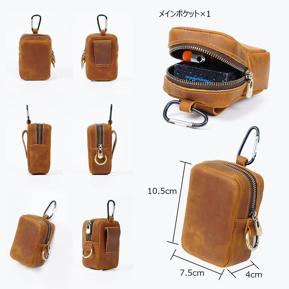 Whatna Natural Thick Cowhide Leather Coin Purse for Men and Mini Sacoche Bag with Belt and Key Includes Earphone Storage Case Women, 2-Way Carabiner,