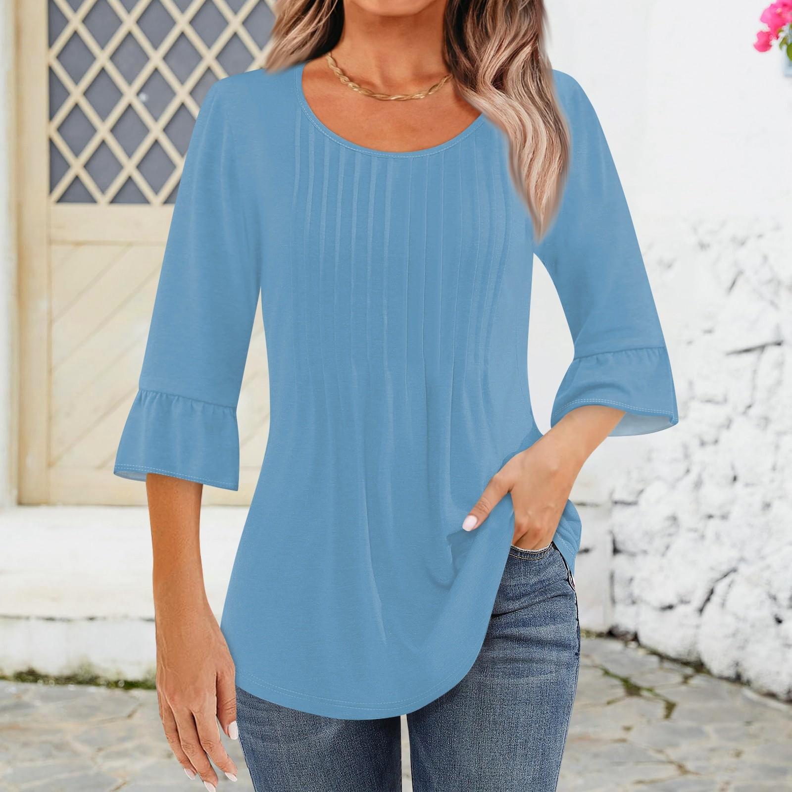 

Рубашки с рукавом 3/4 для женщин, топы, нарядные повседневные блузки, плиссированные топы-туники с круглым вырезом XXL