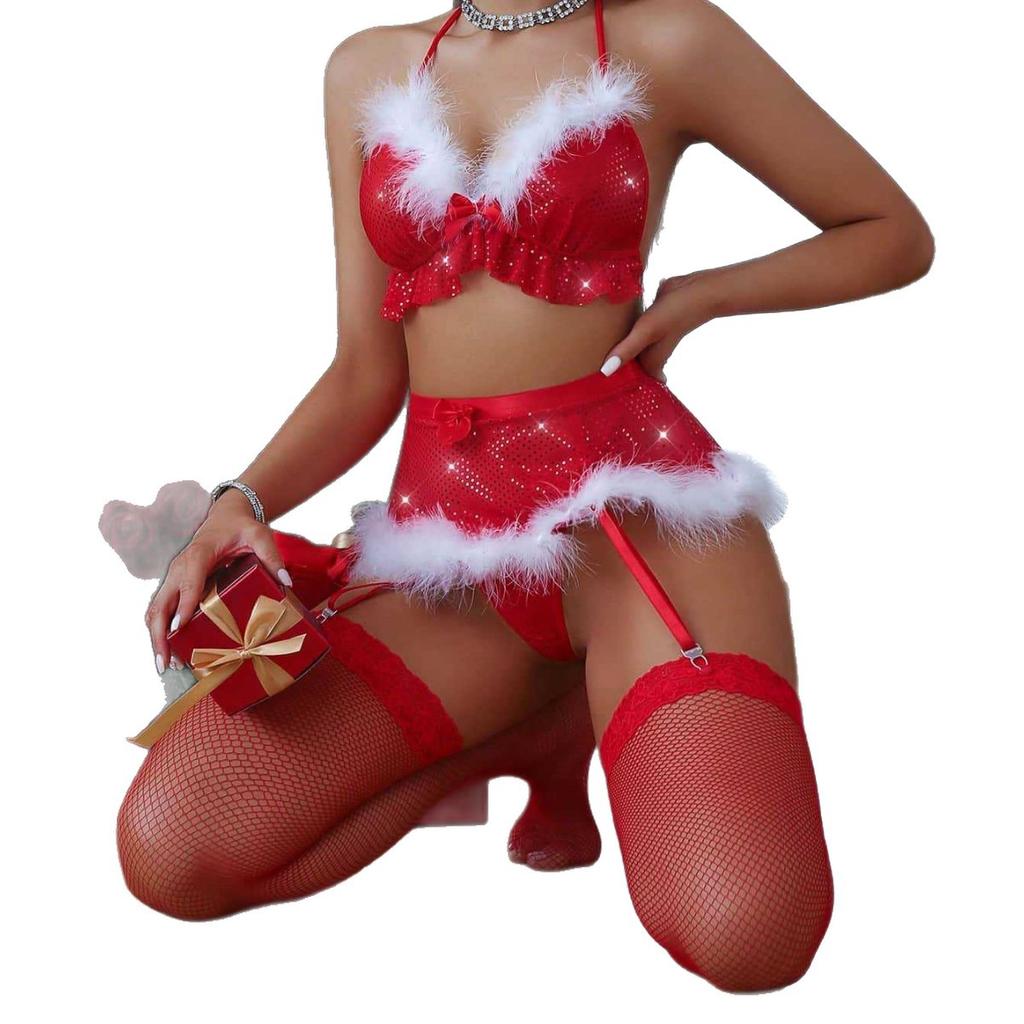 Dámský sexy vánoční set spodního prádla, Červený cosplay kostým noční košilka, Erotický sváteční intimní oblečení