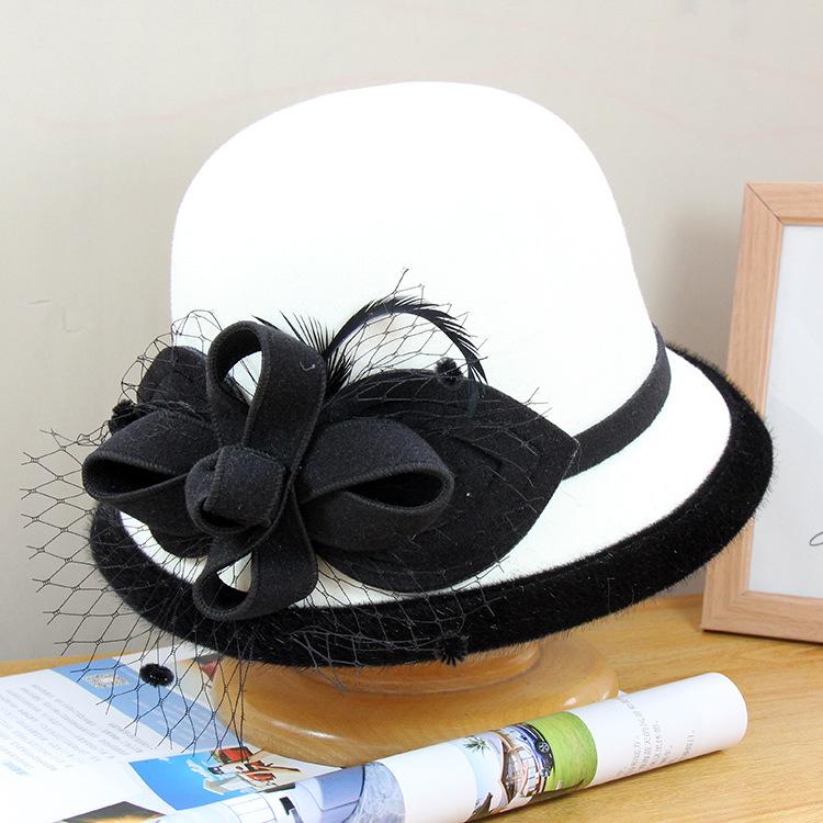 

Британская цилиндр женская осенне-зимняя шерстяная сетчатая шляпа-котелок с листьями и цветами, ретро-фетровая шляпа светской львицы Adjustable