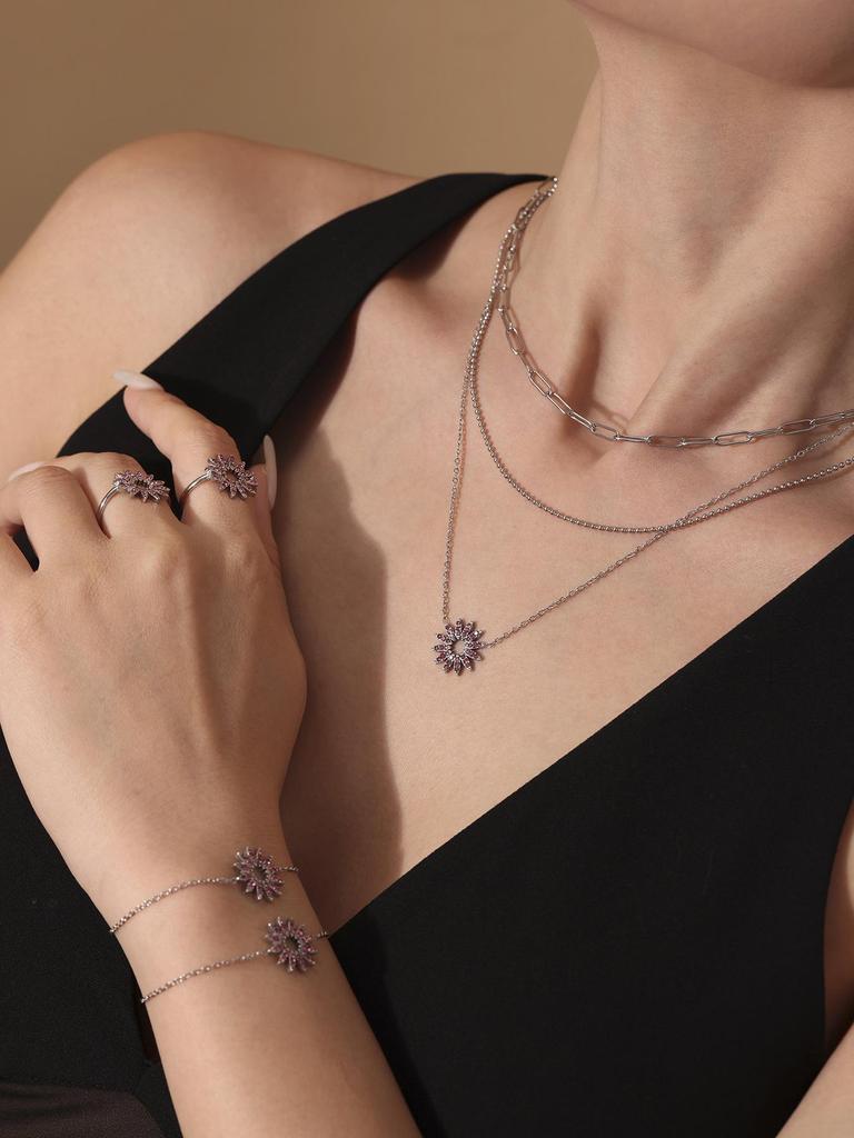 Qiong Yao Sunflower Zircon Sparkle Jewelry Set: Bracelet, Necklace & Ring - High-End Unique Design, Colorfast.