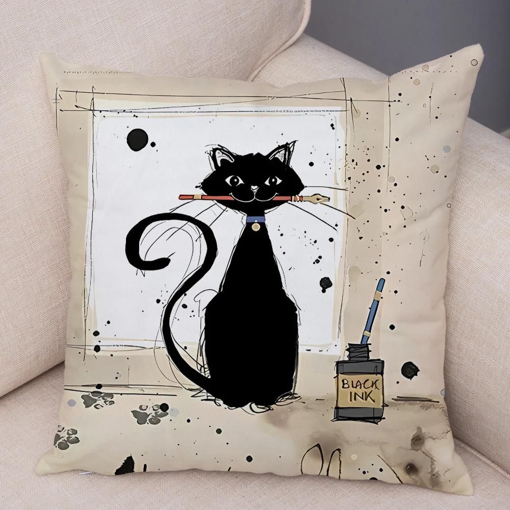 Double Print Cute Elegant Black Cat Cushion Cover Decor Cartoon Animal Pillow Case for Sofa Home Car Soft Plush Throw Pillowcase