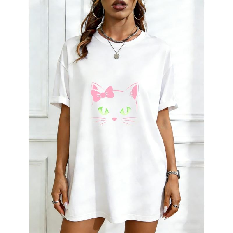 

Oversized T Shirt Dress Black Cat With Pink Bow And Green Eyes Graphic Print Casual Everyday Wear XXXXL білий