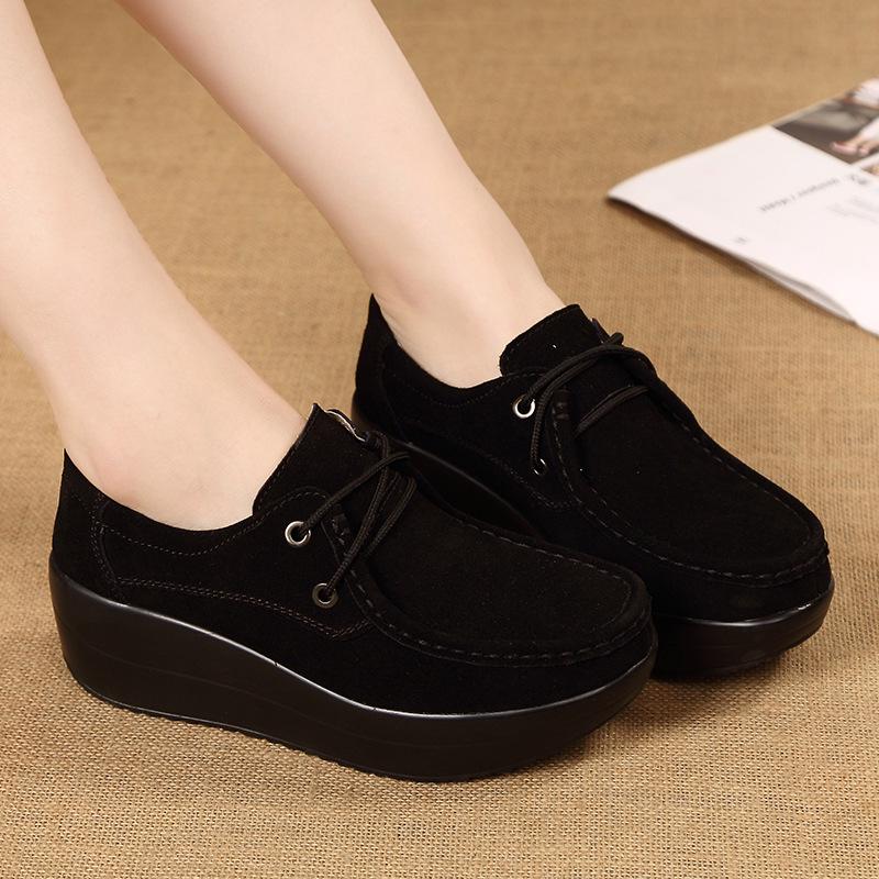 Lace-up Women Platform Shoes Fashion Wedge Heels Leather Casual Walking Shoes Elegant Working Shoes Loafers for Mother