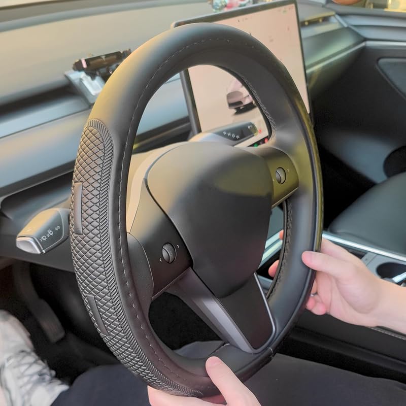 D Shape Steering Wheel Cover,Universal 14.5-15 Inch Car Black Leather Steering Wheel Wrap with Better Sport Grip for Men Women,Fit D Shaped Flat D Shape Black Leather for