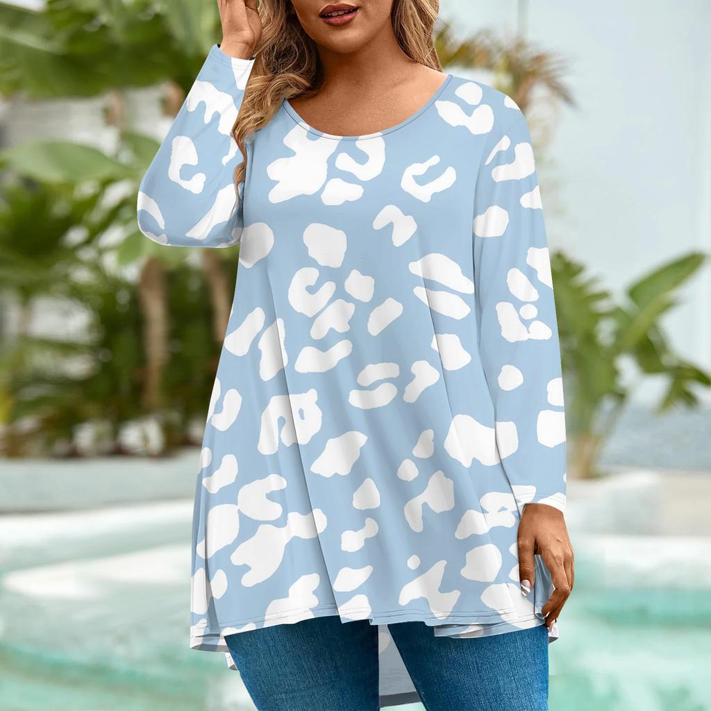 Women's Fashion Large Size Round Neck Long Sleeve Casual Print Loose Pullover Top