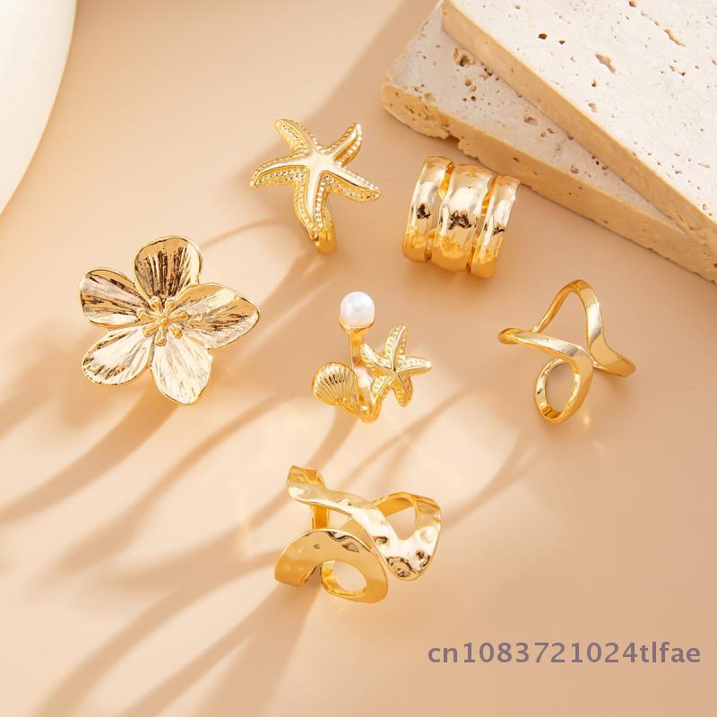6 Pcs/Set Vintage Sun Starfish Open Rings For Women Men Punk Irregular Pleated Pearl Ring Vacation Beach Personalized Jewelry