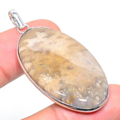 Natural Fossil Coral Gemstone Handmade 925 Sterling Silver Pendant 2.09" E1s92