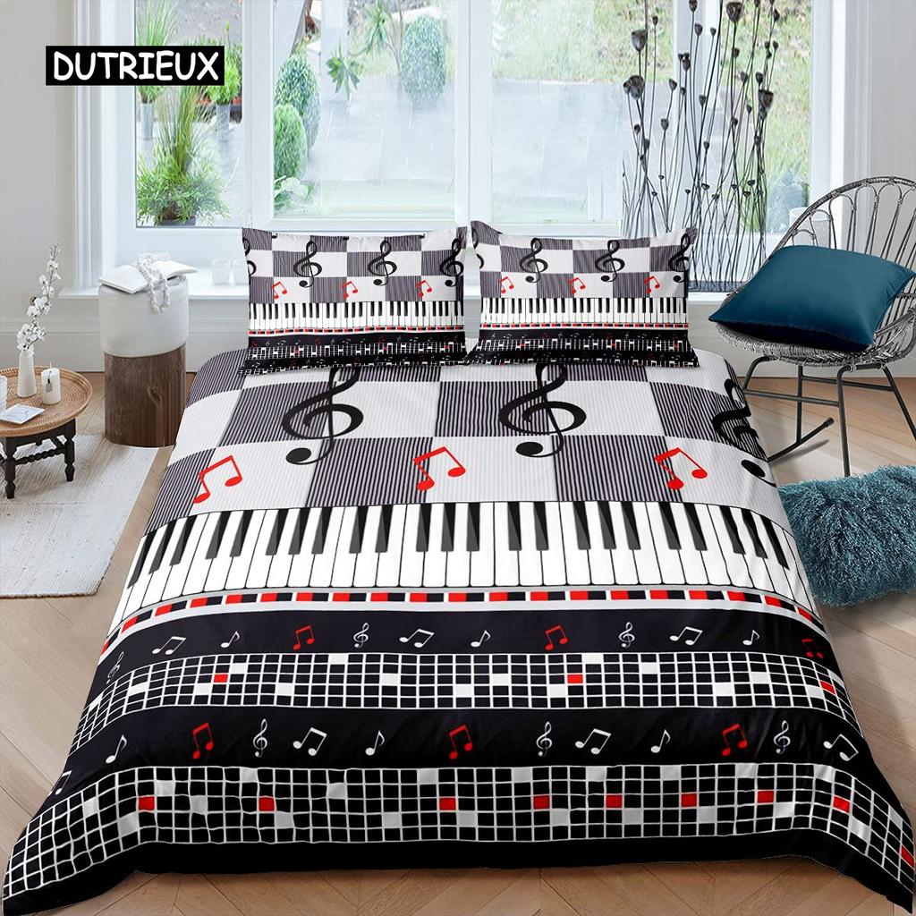 Piano Pattern Duvet Cover Microfiber Classic Music Themed 2/3Pcs Bedding Set Musical Pattern Geometric Stripe King Quilt Cover