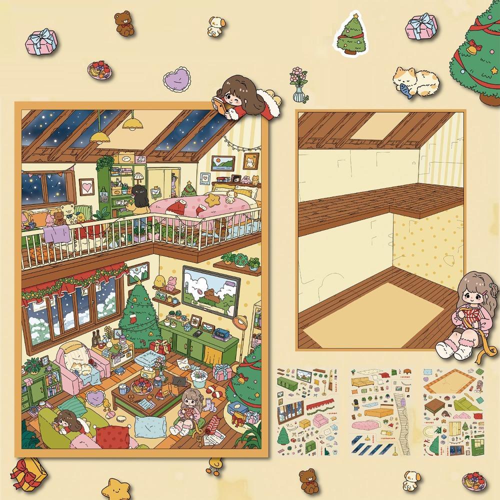 

New Warm Little Nest Series Miniature Landscape Sticker DIY PET 3D Landscape Sticker Large Size Cartoon Cabin Scene Sticker