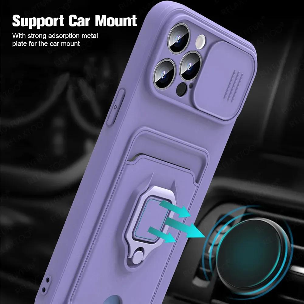 Sliding Camera Protection Case for Iphone 15 Plus 14 13 Pro Max 12 11 Pro Xr Xs Max X Vehicle Magnetic Bracket Card Wallet Shell