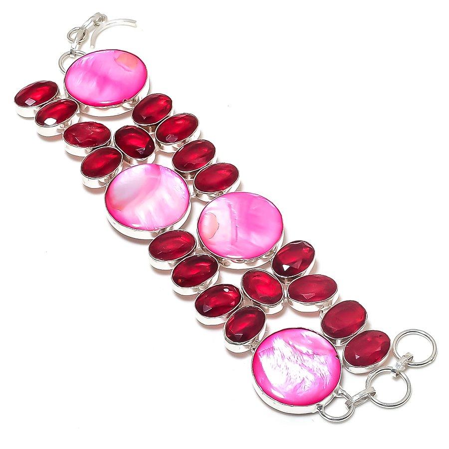 

Natural Pink Mother Of Pearl, Garnet 925 Sterling Silver Bracelet 7-8 R3e67