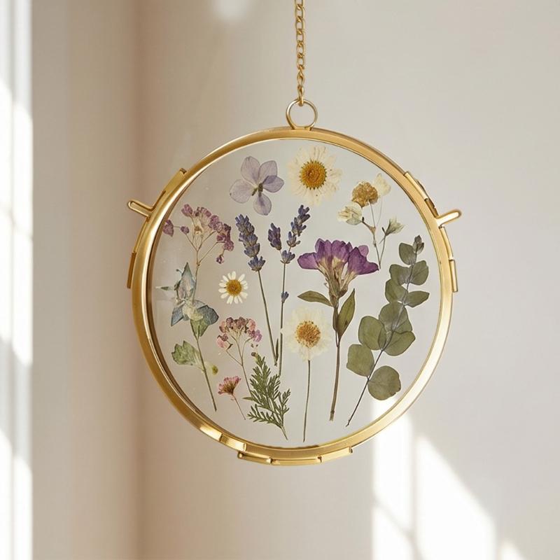 Circular Metal Glass Photo Frame Wall Hanging Natural Dried Flower Holder Display Frame For Living Room Decoration