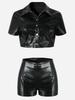 European & American Women's 2023 Leather Jacket and Faux Leather Shorts Set