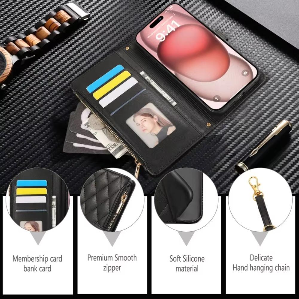 PU Leather Card Holder Wallet Phone Case with Crossbody & Wrist Strap for 16E 17 Ari 16 15 14 13 12 11 Pro Max XS 8 Plus