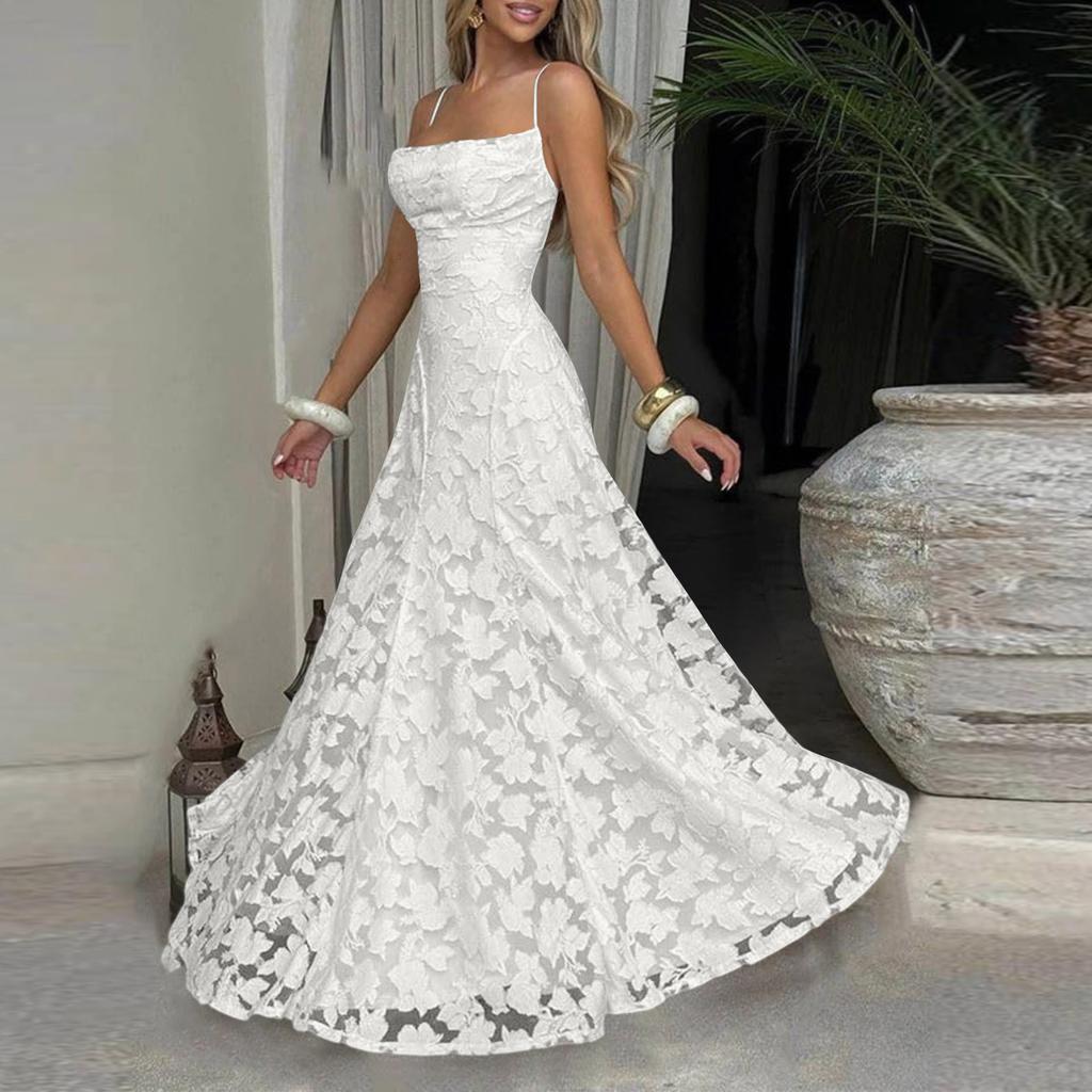 Women’s Casual Lace Patchwork Maxi Dress Sleeveless Spaghetti Strap Long Dress Elegant Evening Party Gown for Summer