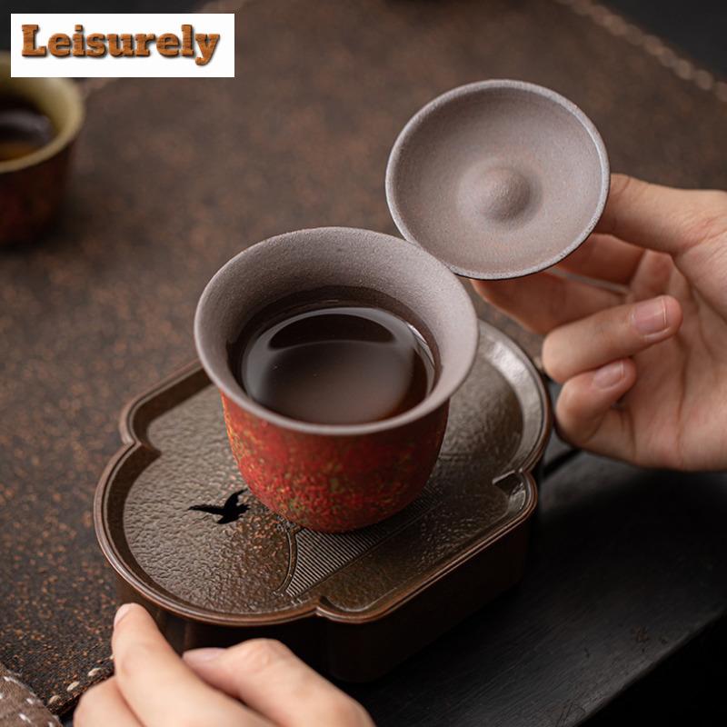 130ml Kiln Change Red Old Rock Mud Gaiwan Retro Tea Tureen Tea Bowl With Lid Kit Tea Maker Cover Bowl Kung Fu Tea Set Decoration