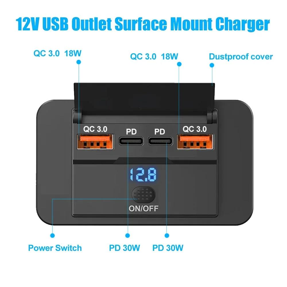 12V 24V Car Type C Phone Charger Socket Panel With Switch PD+QC3.0 Fast Charging Multi Ports Dual USB Outlet LED Light For Car Truck Marine