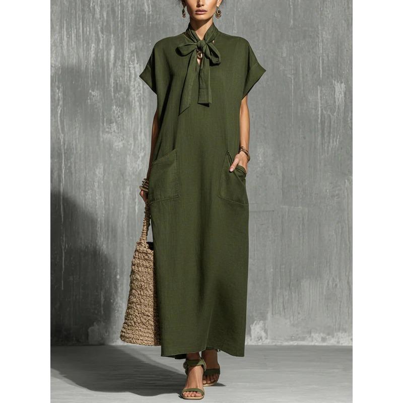 IHUASU Fashion Summer Spring Solid Color Print Short Sleeve Casual Dresses Unique design S армия зеленый