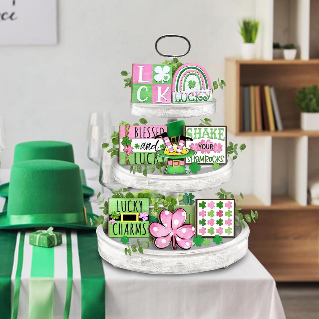 St. Patrick's Day Tiered Tray Decor, Pink Green Farmhouse Tray Decorations, Lucky Polka Dot Shamrock Clover Top Hat Wooden Signs, Rustic Spring