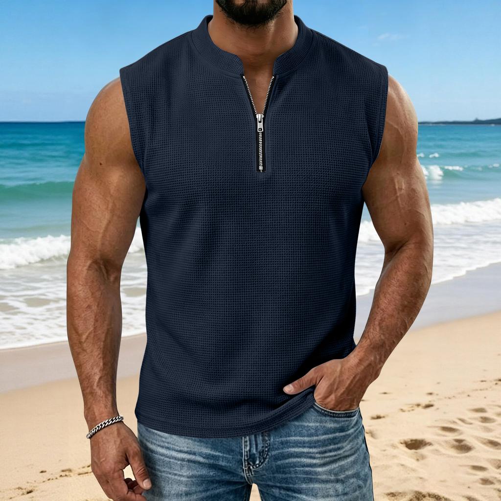 Men's Summer -Weave Vest: Lightweight, Sleeveless, Stand-Up Collar Top