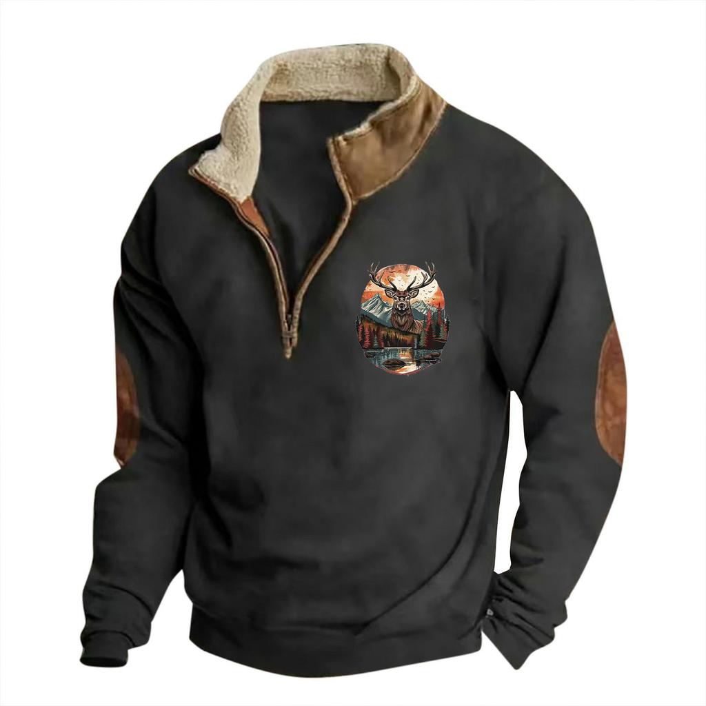 Podzim Zima Vintage Pánské Bundy 3D Elk Potištěný Kovboj Dlouhé Rukávy Fleece Bavlna Poloviční zip Pánské Kabáty Mikiny Mikiny