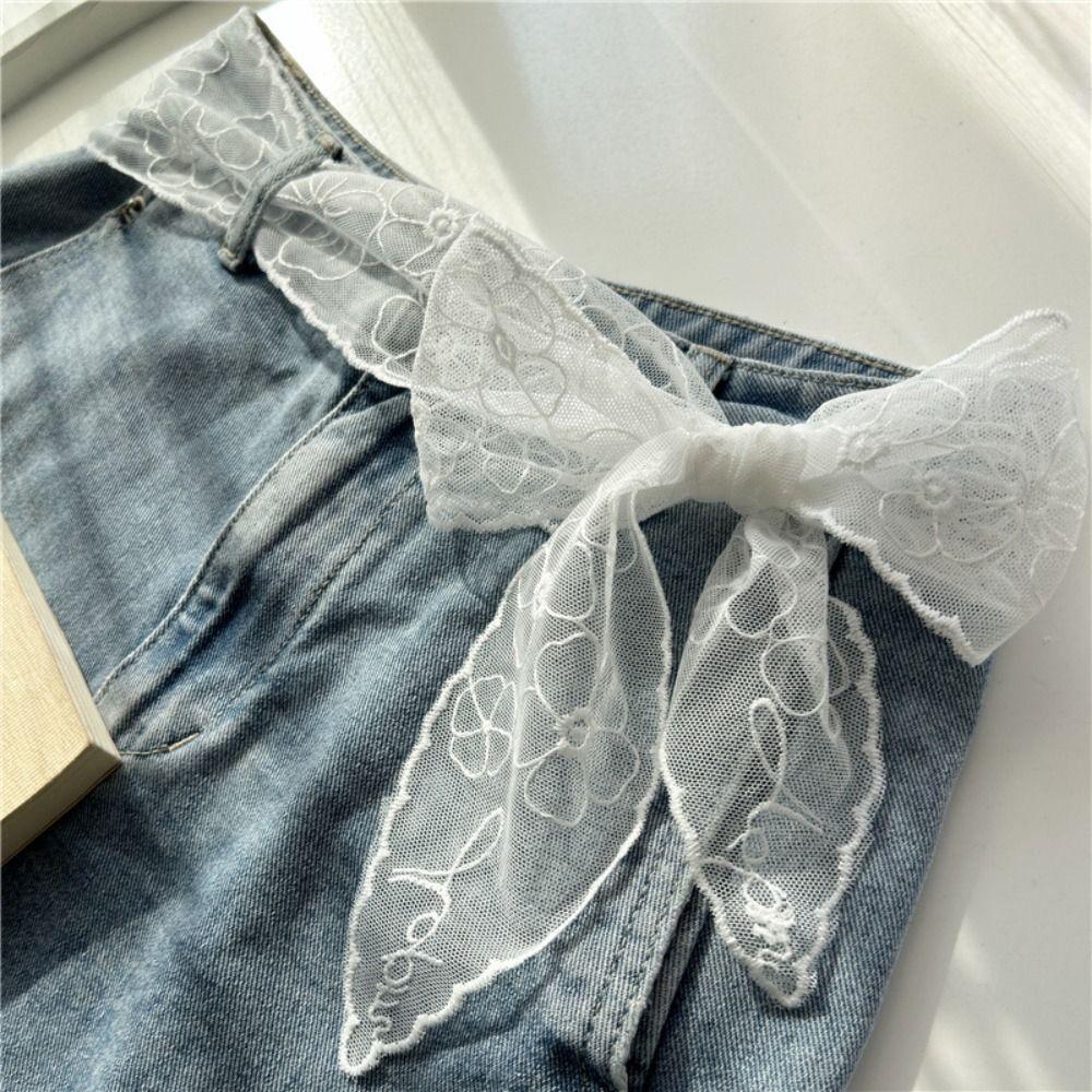 White Sweet Lace Belt Flowers Embroidery Bow Tie Bohemian Waist Chain Waist Decoration Sweet Scarf Body Decor Accessories