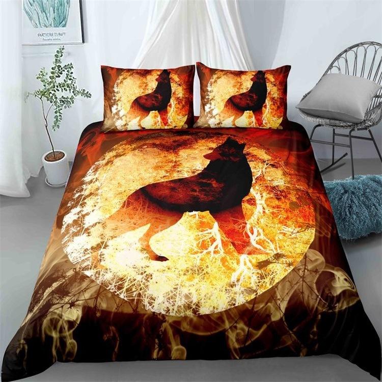 Wolf Howl Under The Moon Three-Piece 3D Digital Printing Quilt Cover Pillowcase Bedding
