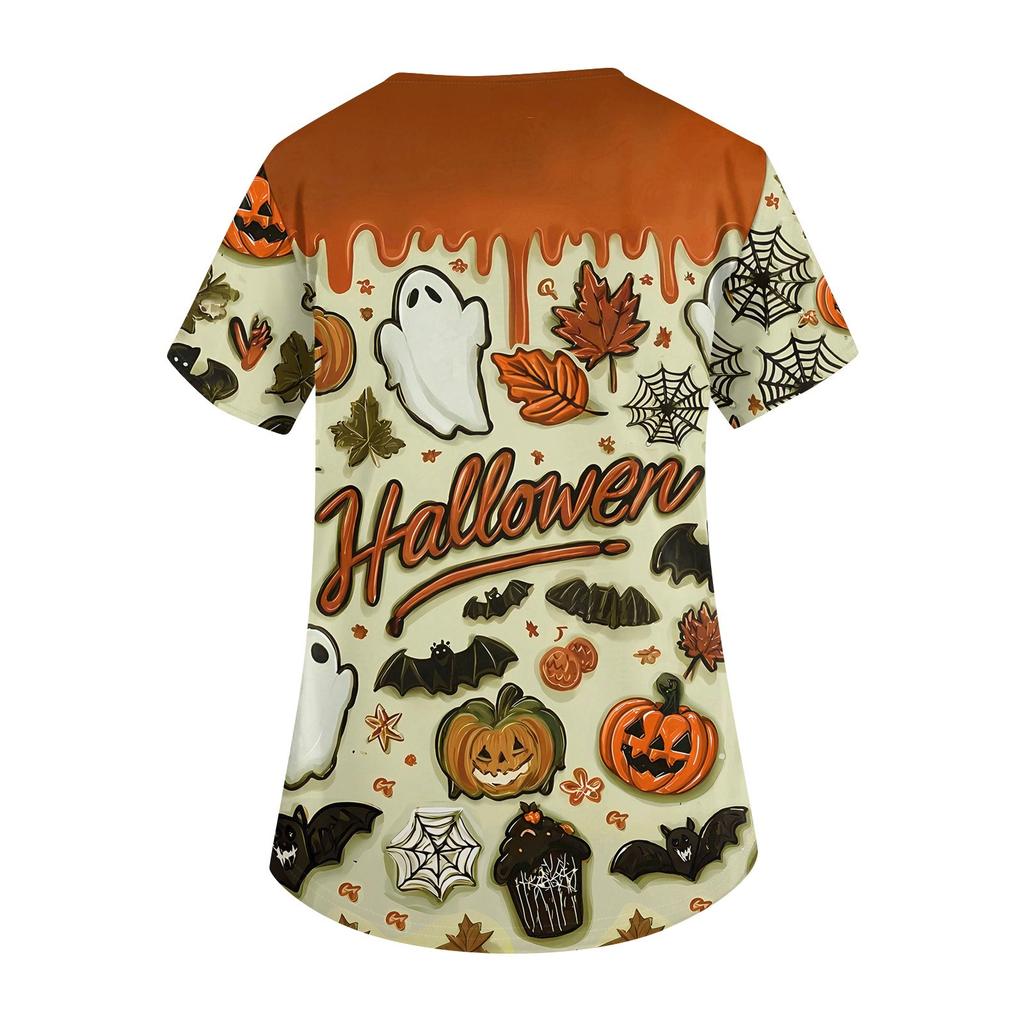 Damenmode V-Ausschnitt Kurzarm Arbeitskleidung mit Taschen Halloween bedruckte Tops