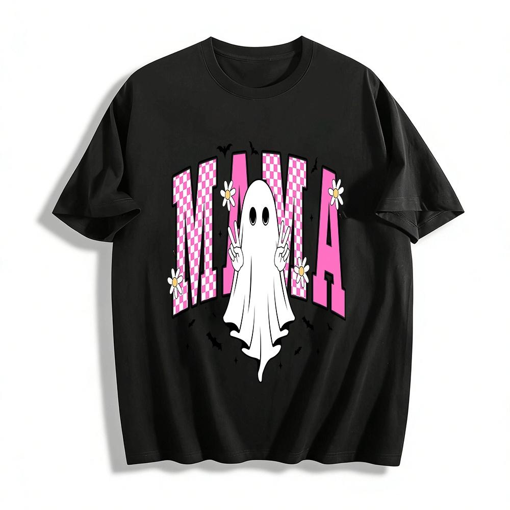Halloween Mama Ghost Print Casual Top Bat Checkerboard Tee Pure cotton T-shirt XXS
