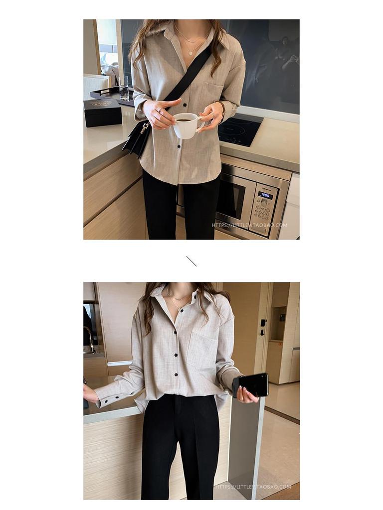 Blus för kvinnor i koreansk stil, enfärgad, långärmad - 2025 Vår/Höst Chic, Lös passform