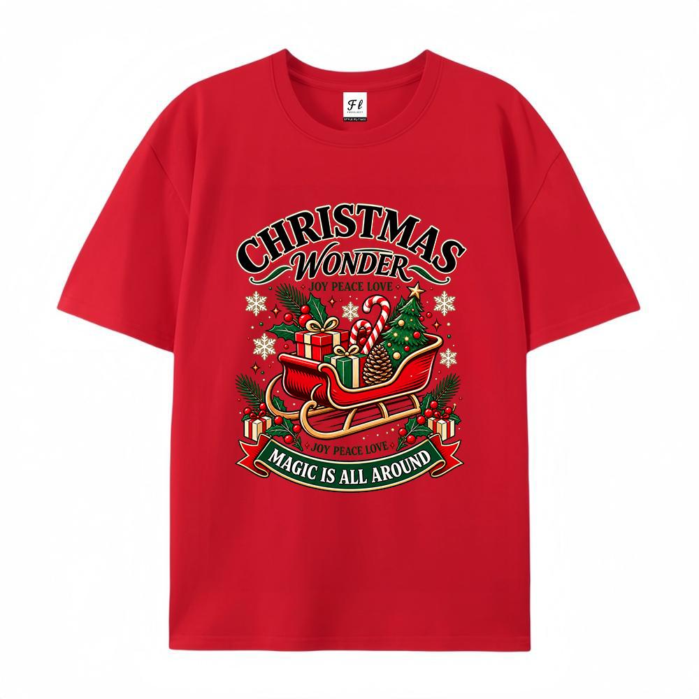 Women's Christmas Wonderland Graphic T Shirt Santa Sleigh Tree Gift Print Casual Short Sleeve Crew Neck Holiday Tee