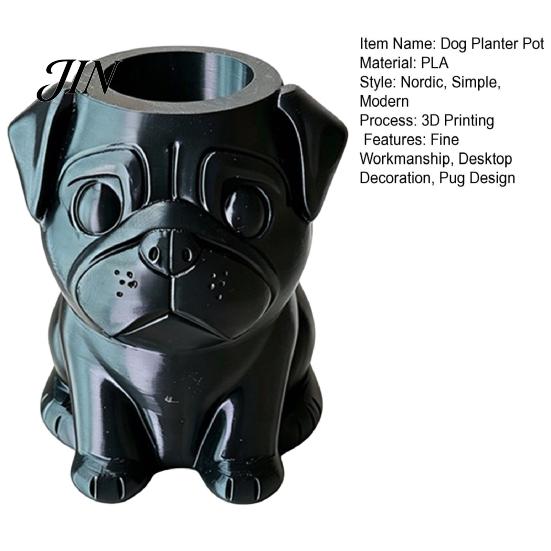 Space-saving Flower Pot 3D Printed Pug Planter Pot, Decorative Dog Flowerpot for Compact Indoor Outdoor, Cactus Succulents Plants Container, Pet Lover