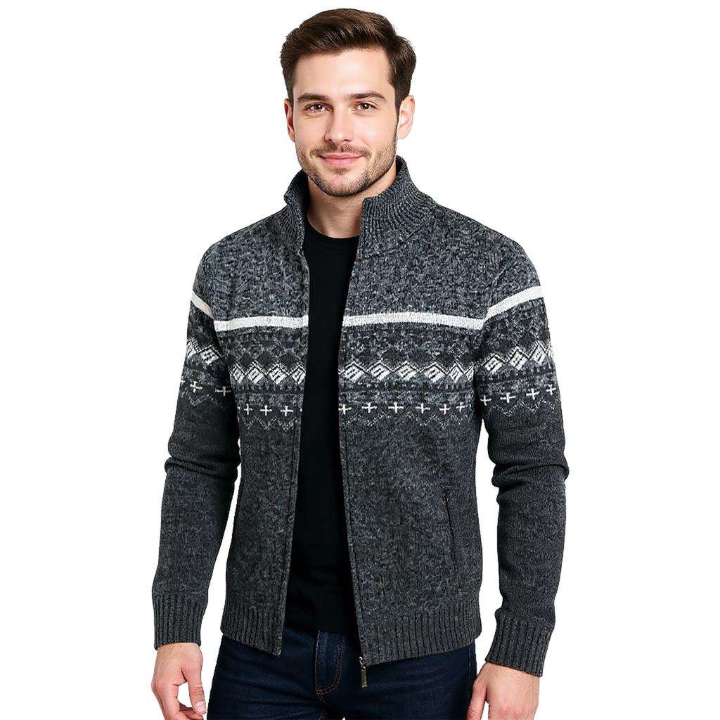 Men's Zippered Casual Knit Sweater With Stand-Up Collar Design