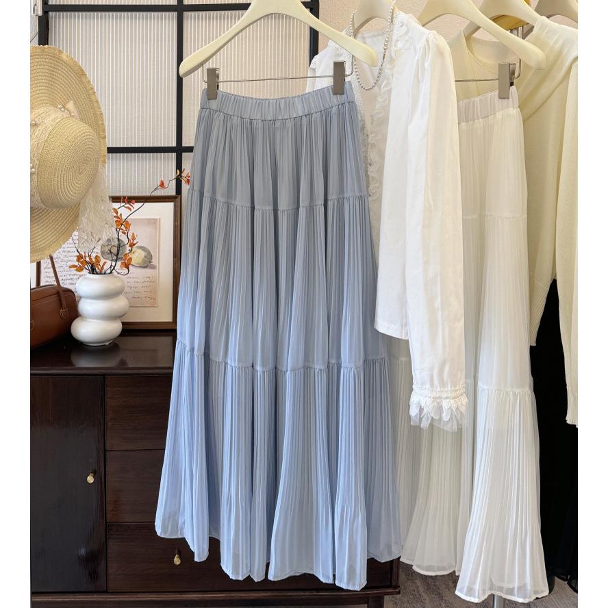 French Retro Elegant High-Waist Chiffon Midi Skirt