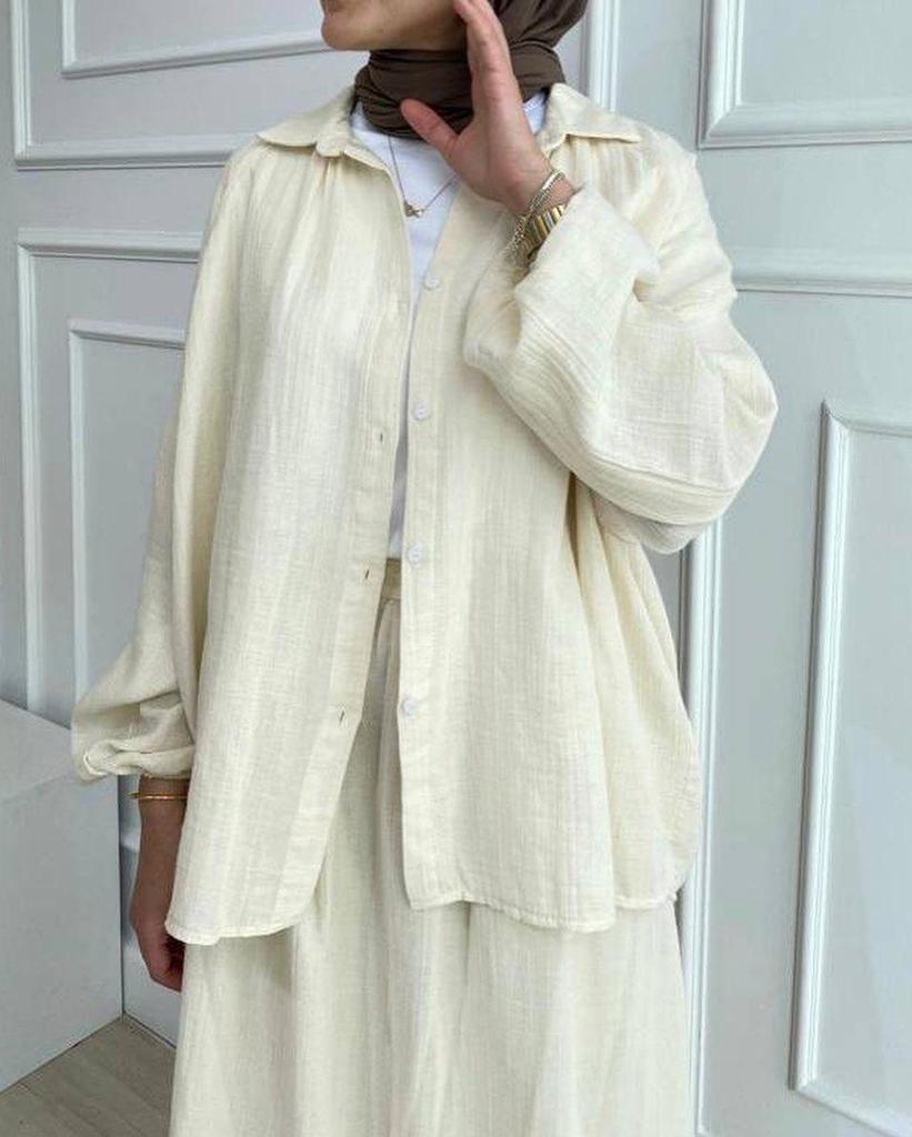 2024 Muslim Middle Eastern Women's Puff Sleeve Shirt and Skirt Casual Suit