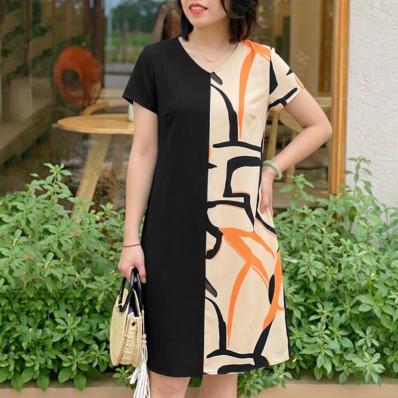 ZANZEA Women Casual V-Neck Short Sleeve Loose Print Patchwork Dress