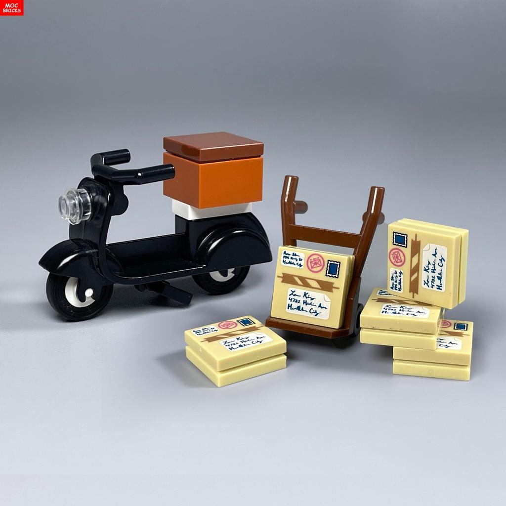MOC Bricks Courier Delivers Presents Printed Gift Box Packages Newspaper Disc Mailbox Scooter Building Blocks Children's Toys