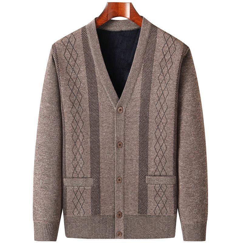 Men's Autumn-Winter Knit Cardigan: Thickened Velvet Sweater for Middle-aged and Elderly Dads and Grandpas.