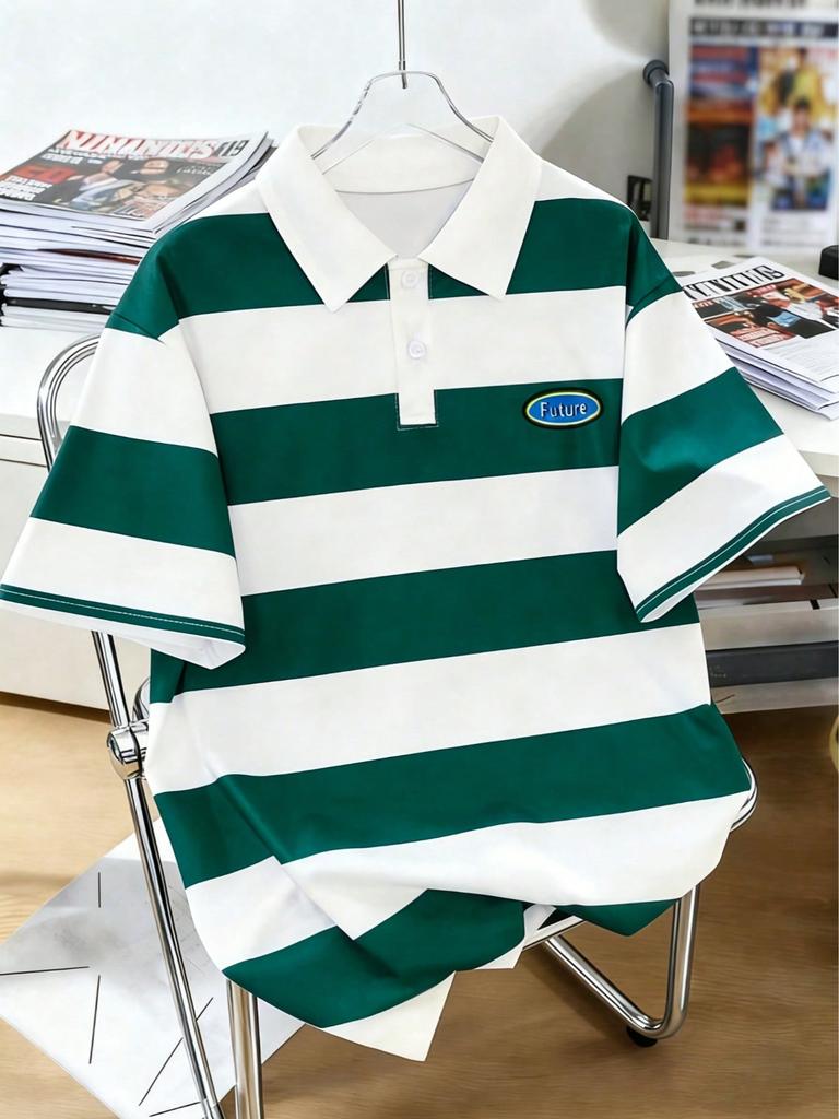 Boys' Casual Preppy Style Classic Everyday Versatile Color-blocked Striped Collar Short-sleeved Polo Shirt for Spring and Summer