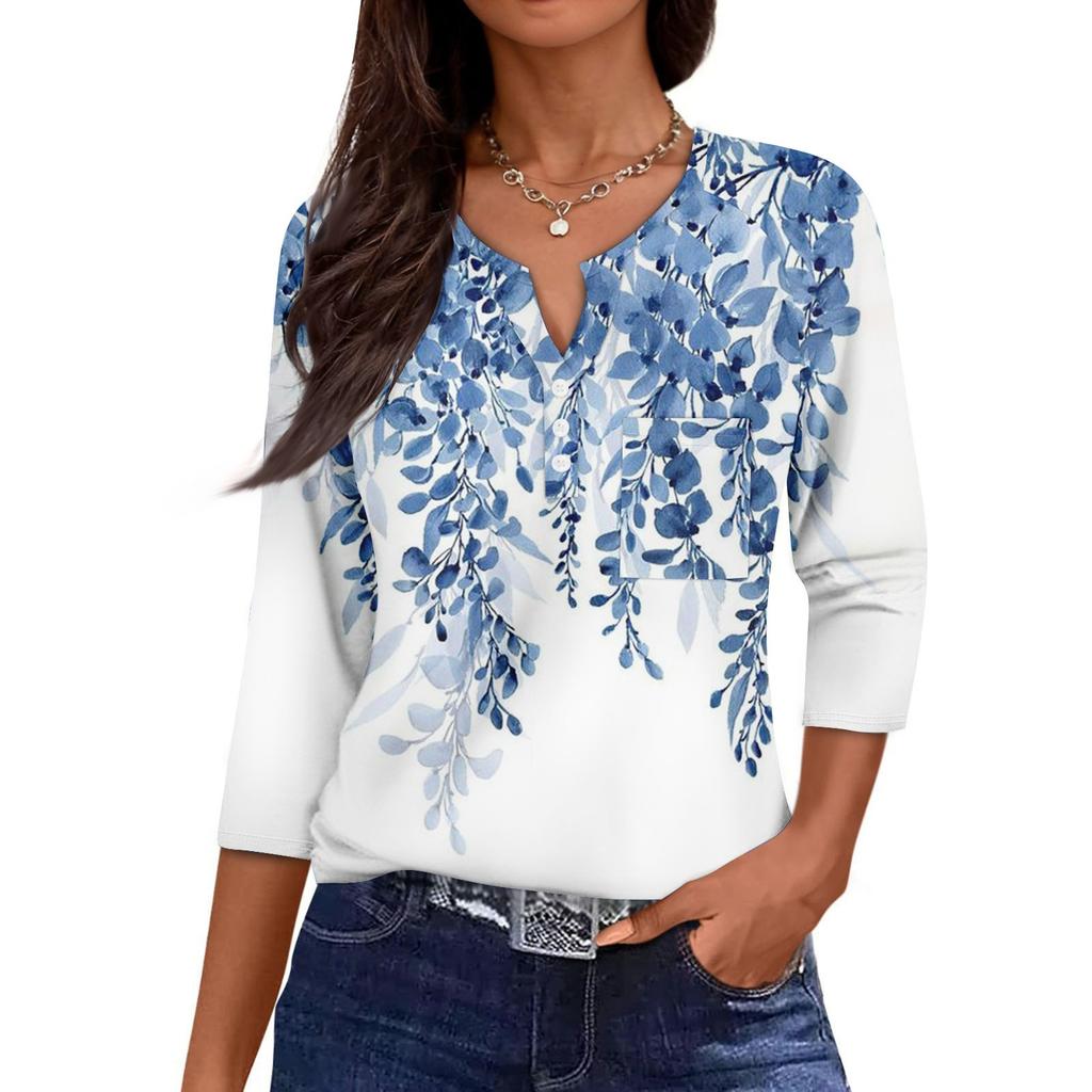 Women's Casual Fashion V-neck Loose Versatile Floral Print Three-quarter Sleeves