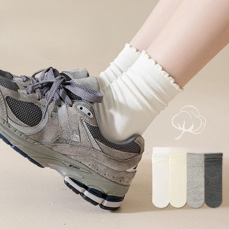 Ladies Spring and Autumn Wood Ear Lace Sports Solid Color Preppy Style Boneless Mid Barrel Pile Cotton Socks