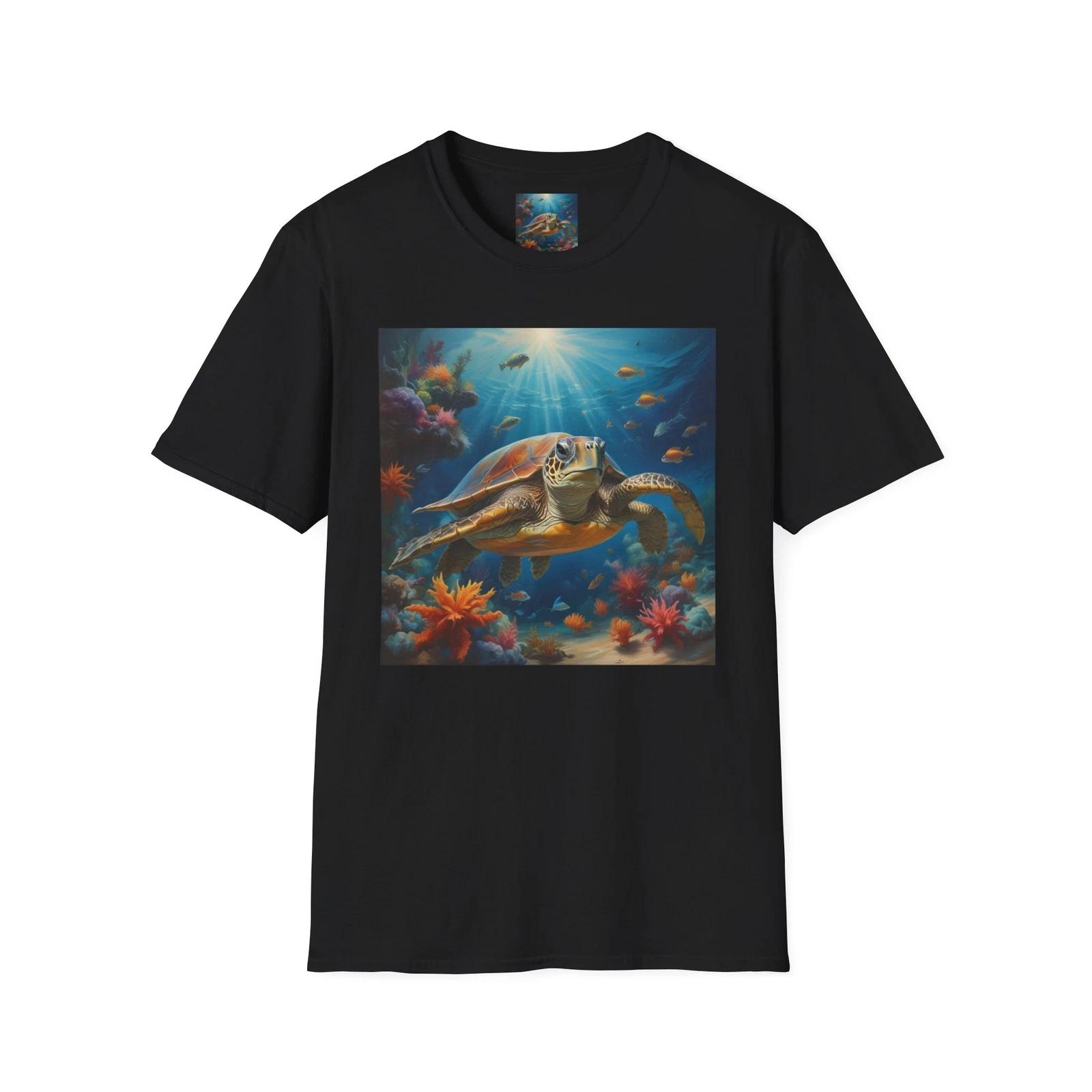 

Ocean Adventure Graphic Tee: Turtle Swimming Scene | Unique Design S
