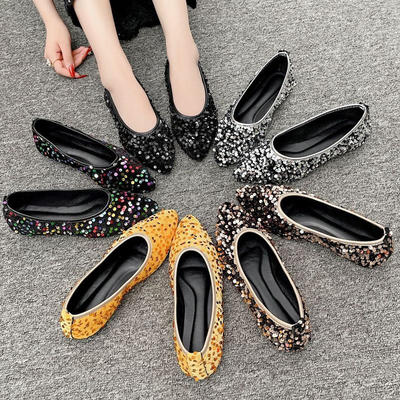 Dámské boty na podpatku, pohodlné boty s měkkou podrážkou, nazouvací boty na volný čas, módní flitry, špičaté boty, zářivé společenské boty