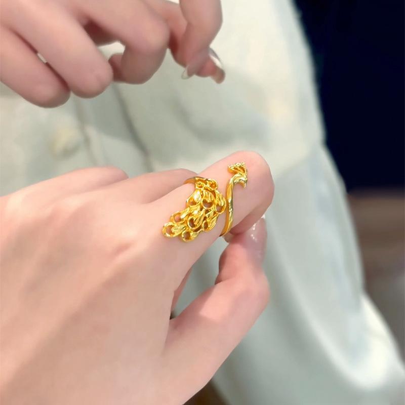 Same Style 9999 24K Real Gold Women'S Gold Ring With Adjustable Opening And Hollowed Out Peacock Exquisite Gift From The Gold St