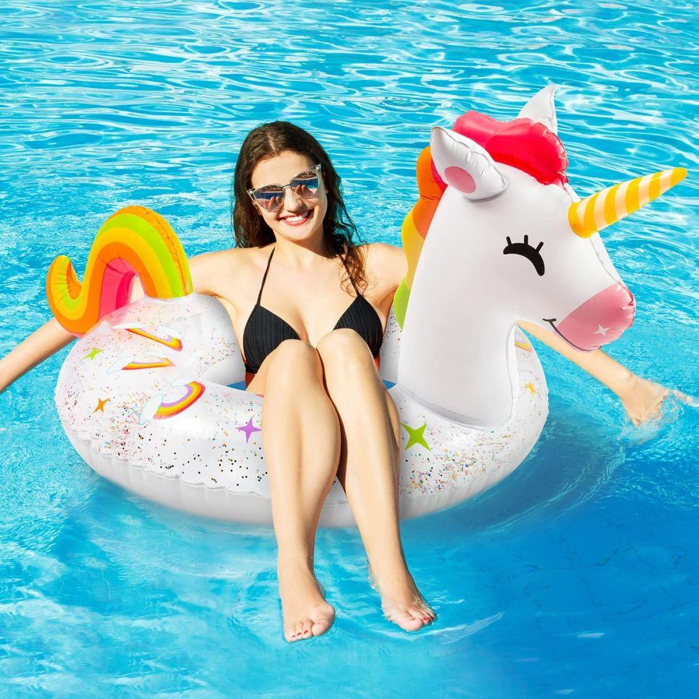 1pc Unicorn Shape Inflatable Pool Float with Glitters Inflation Swimming Ring for Outdoor Water Inflatable Lounge Raft Tube
