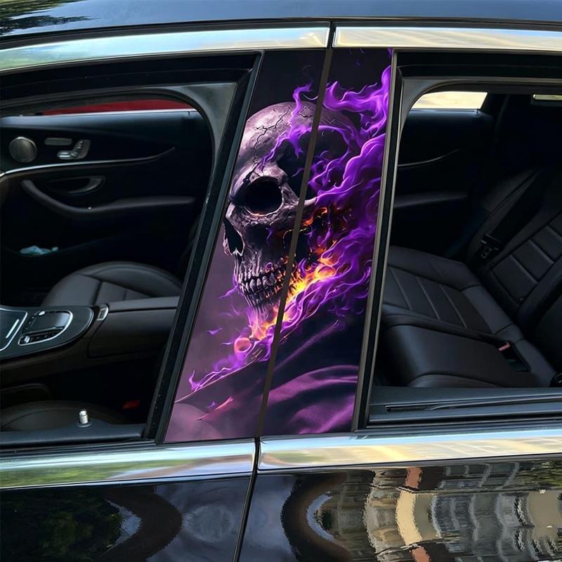 Waterproof Car B-Pillar Vinyl Sticker Skull Rose Fire Pattern Central Column Decor Decal Universal Accessory