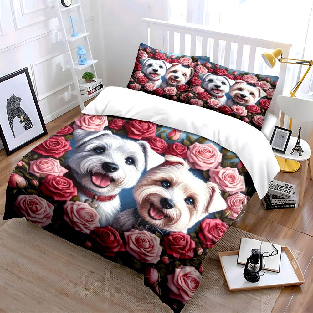 Süße Hunde mit rosa Rosen Bettwäsche Bettbezug Set (1*Bettbezug 2*Kissenbezüge, ohne Bettdecke)