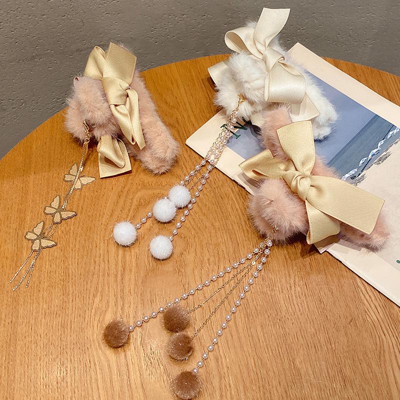 Korean Style Plush Bow Hair Clip with Tassel - Autumn/Winter Women's Hair Accessory