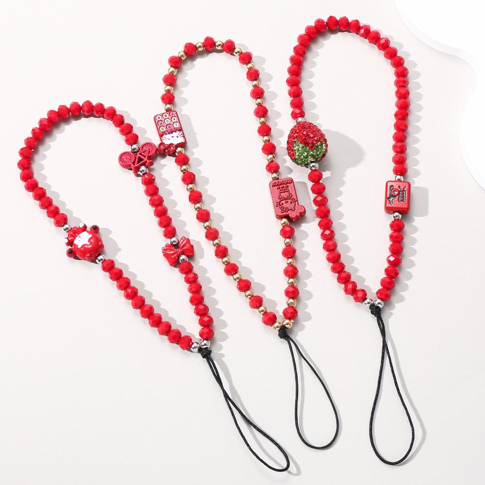 Fashion Red Acrylic Cellphone Case Chain Strawberry Bow Beaded Woman Mobile Phone Lanyard Jewelry For Anti-Drop Phone Wristband